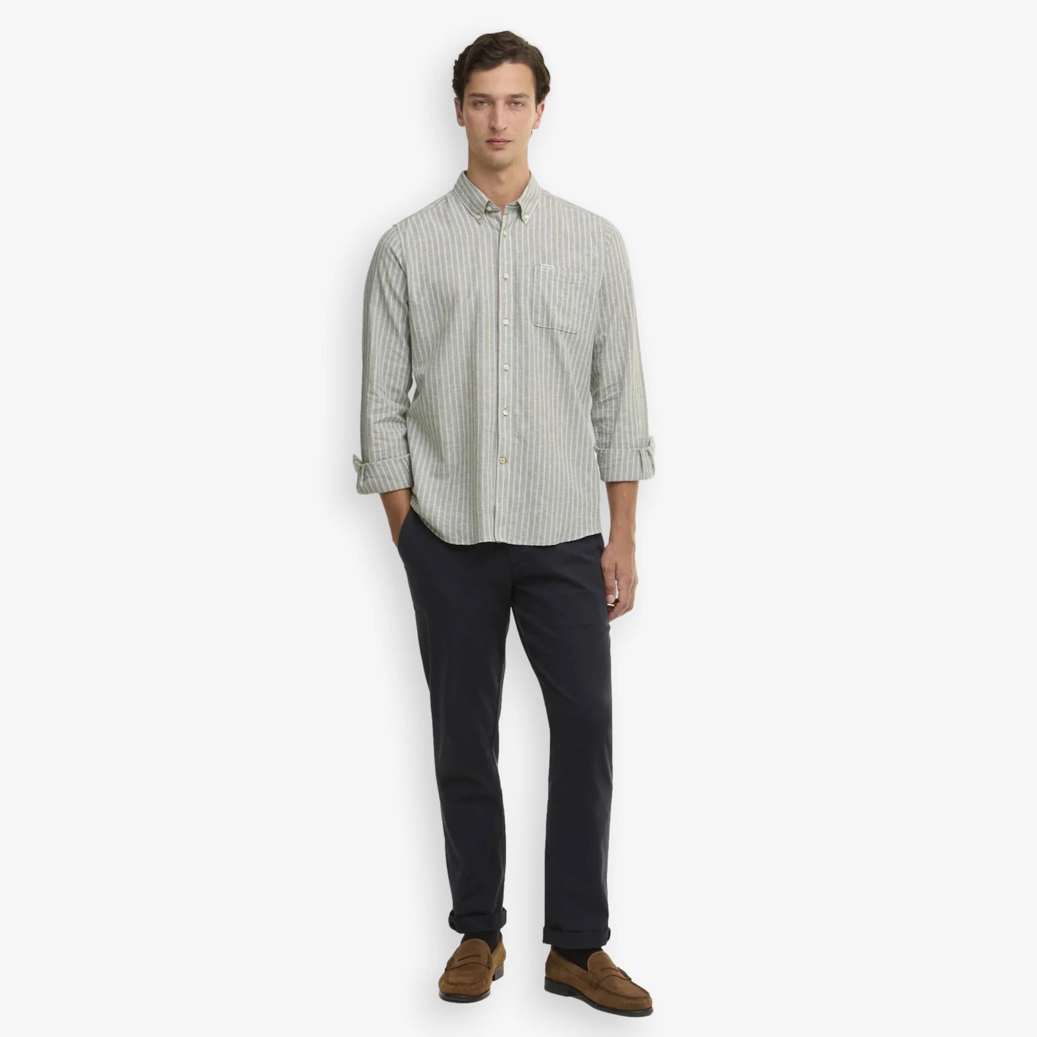 Nelson Striped Linen/Cotton Shirt Bleached Olive - Image 4